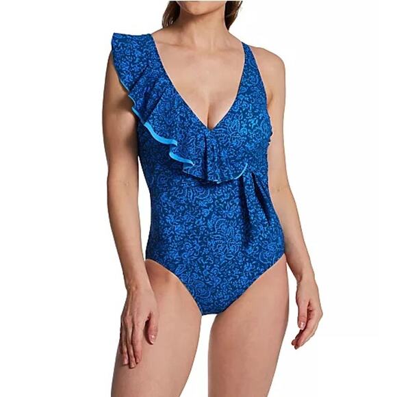 NWT Gottex Sz 14 Petrol Blue Mehndi V-Neck Ruffled Shoulder One Piece Swimsuit - Picture 1 of 7